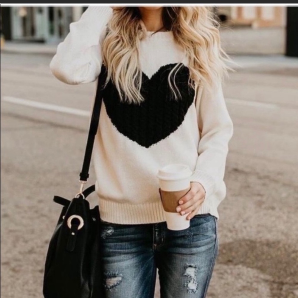 Women's Black and White Heart Sweater
